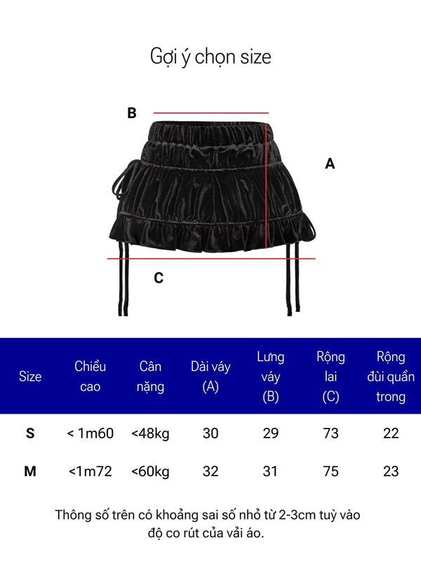 Measurement chart for a black skirt with dimensions labeled and size guide.