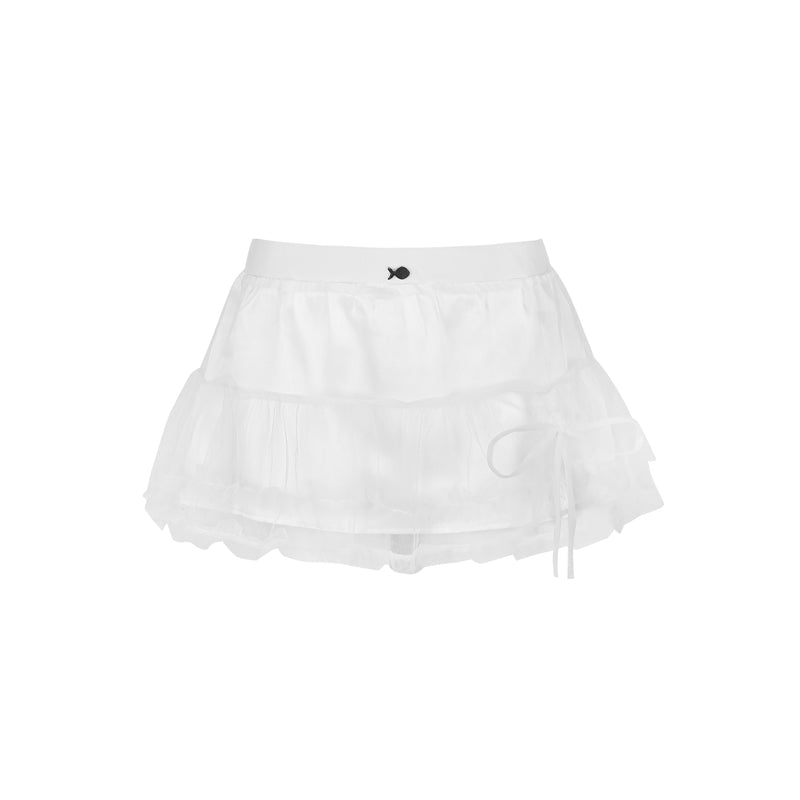 White skirt with a small black logo on a white background