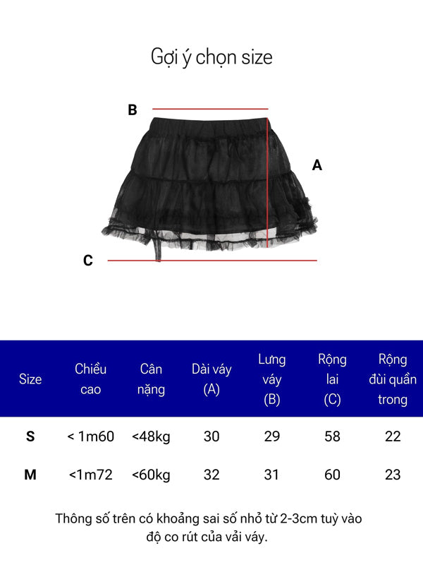 Black tiered skirt with size chart measurements on a white background