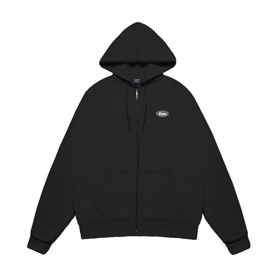 Black hoodie with a small logo on the chest against a white background