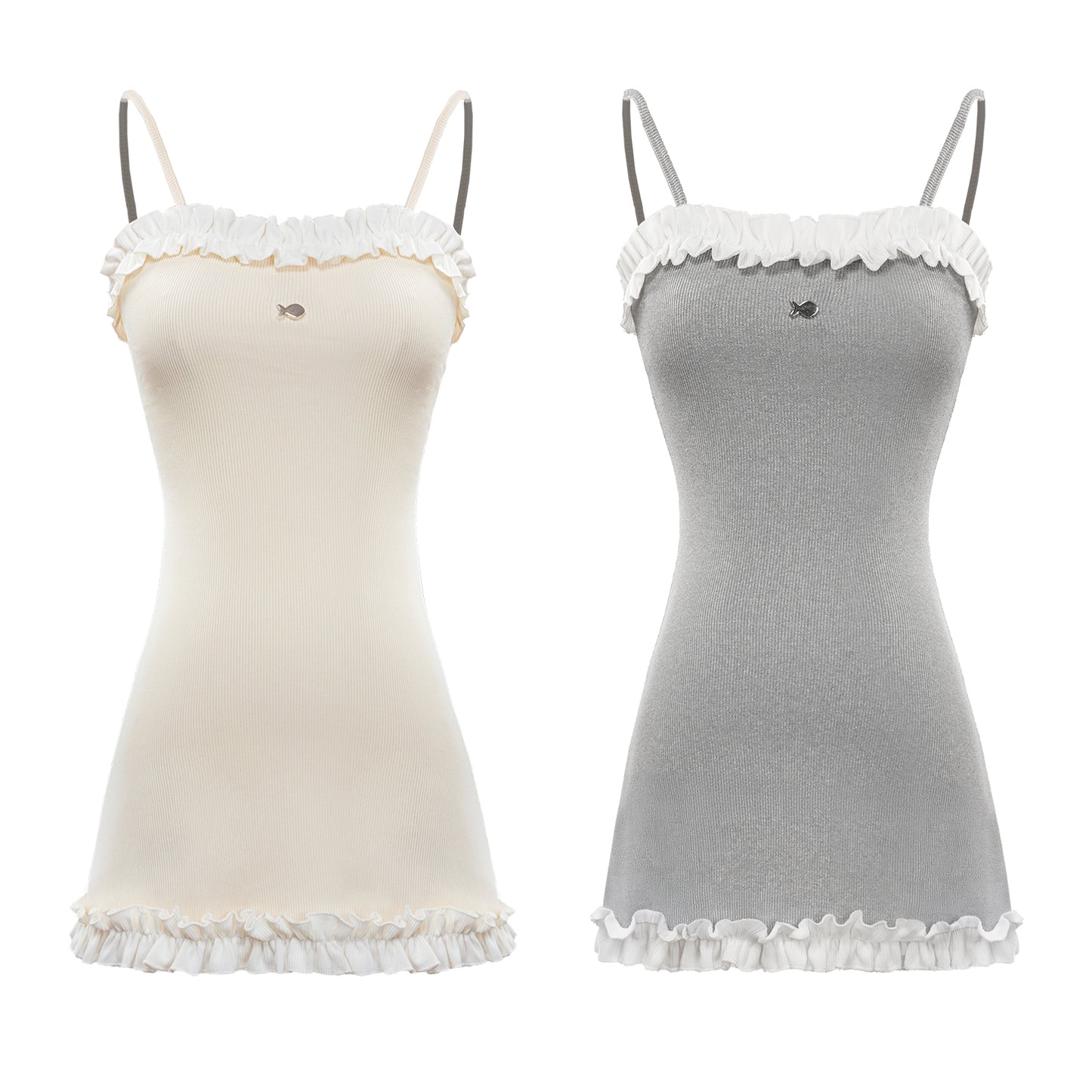 Two camisoles, one beige and one gray, with lace trim on a white background.