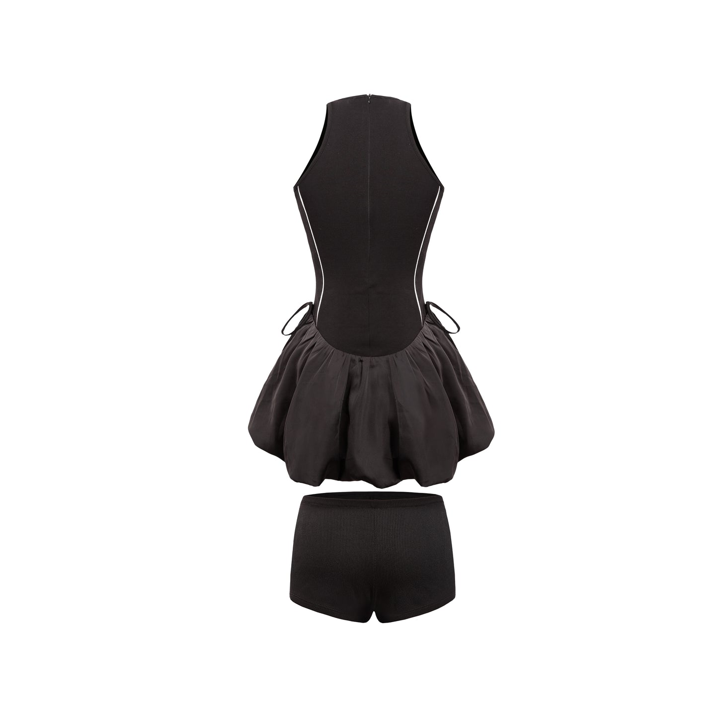 Black swimsuit with a peplum top and shorts on a white background