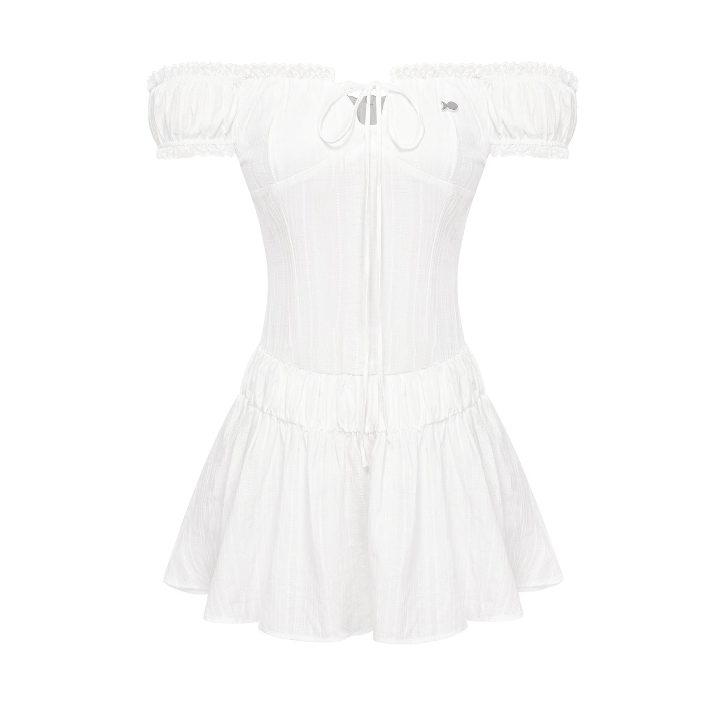 White off-shoulder dress with a zipper on a white background