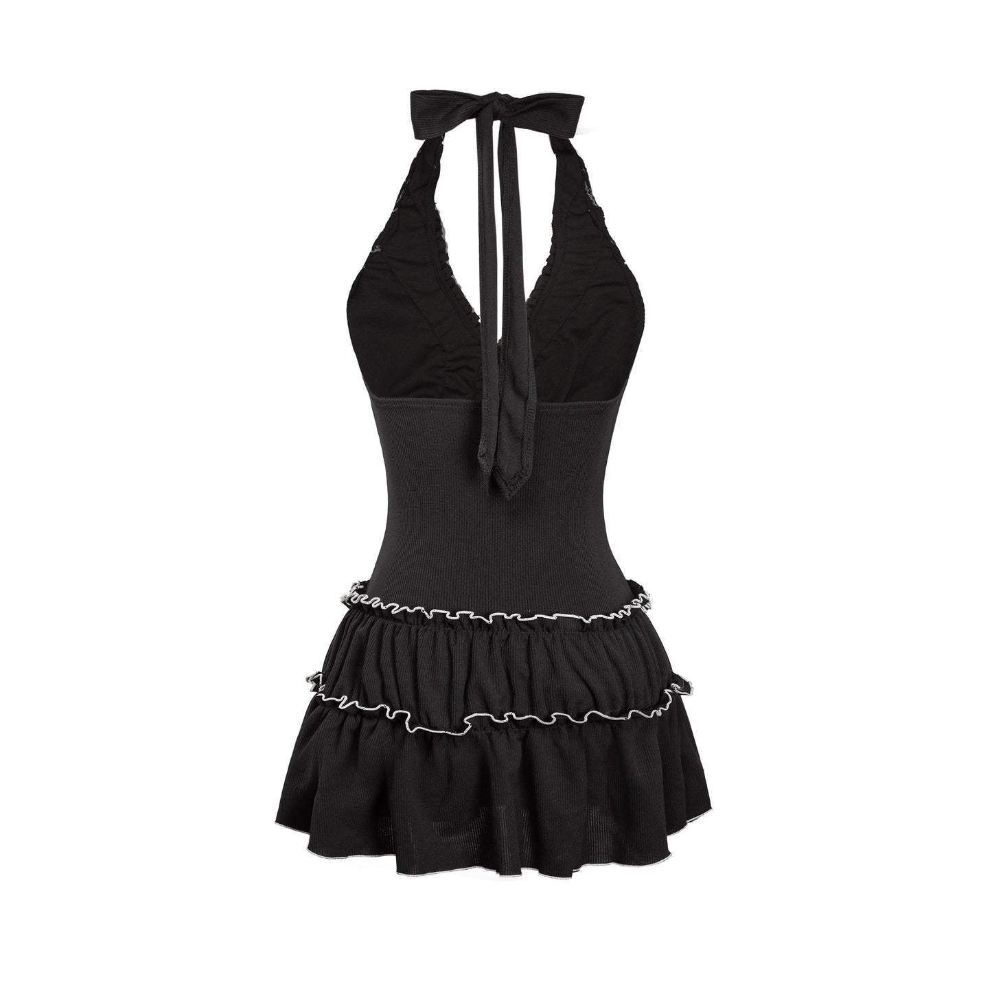 Black halter top with ruffled skirt on a white background