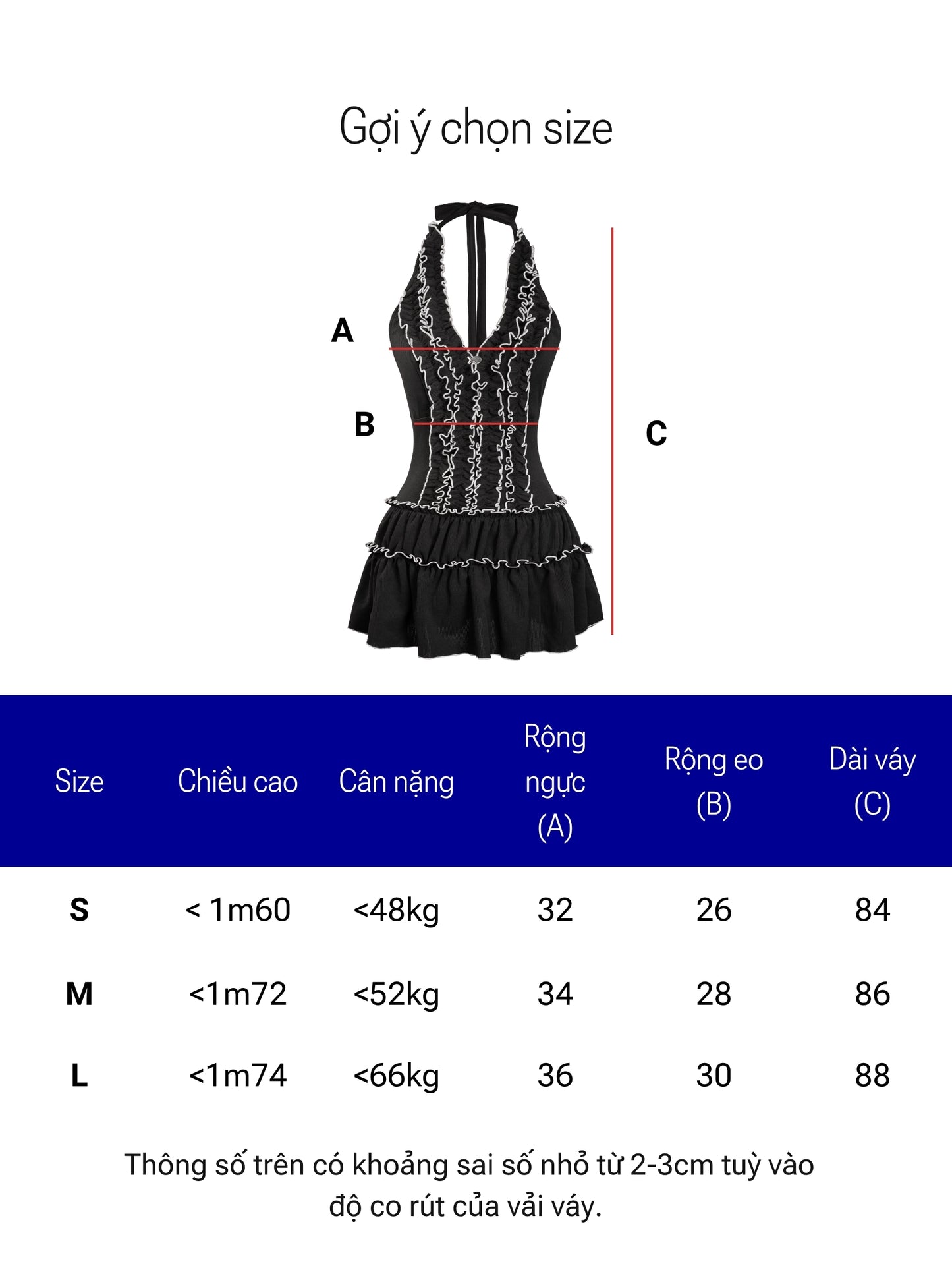 Dress size chart with measurements for various sizes