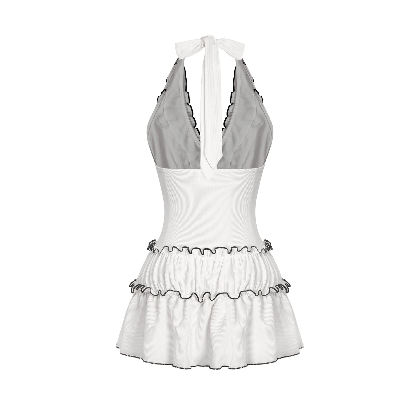 White and gray dress with ruffled skirt on a white background