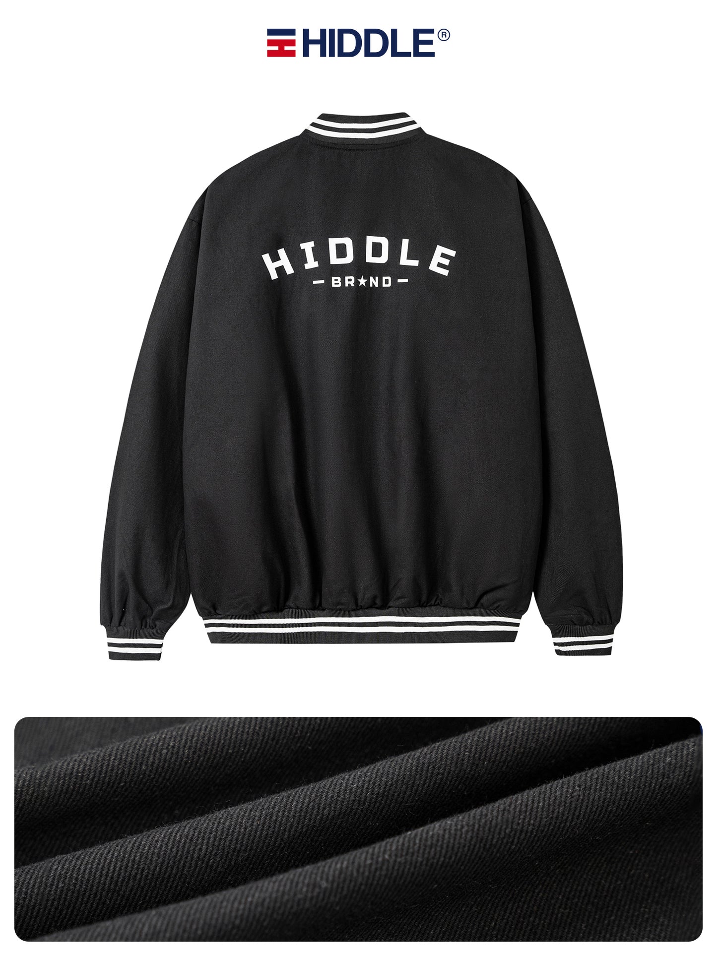 Black jacket with 'Hiddle' branding on a white background
