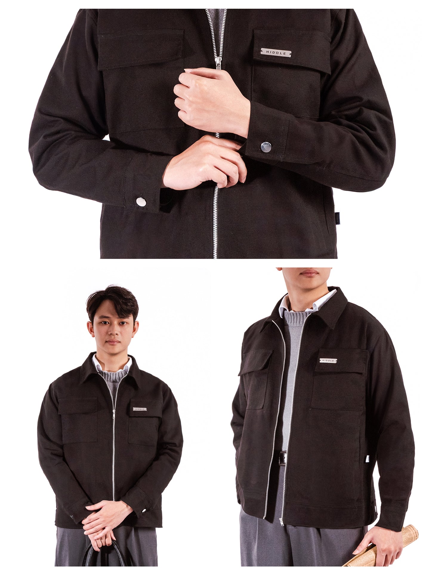 Black jacket with a brand logo worn by a person on a white background