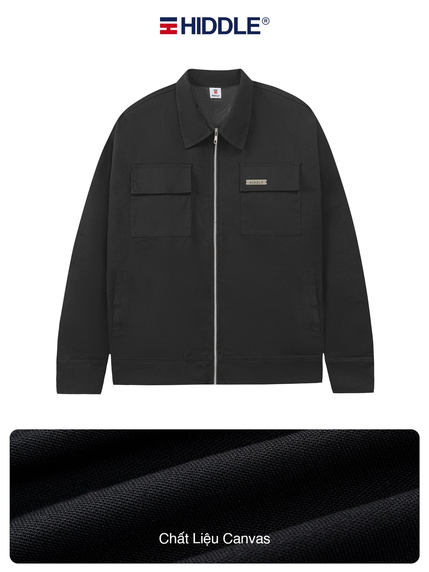 Black jacket with Hiddle logo on a white background
