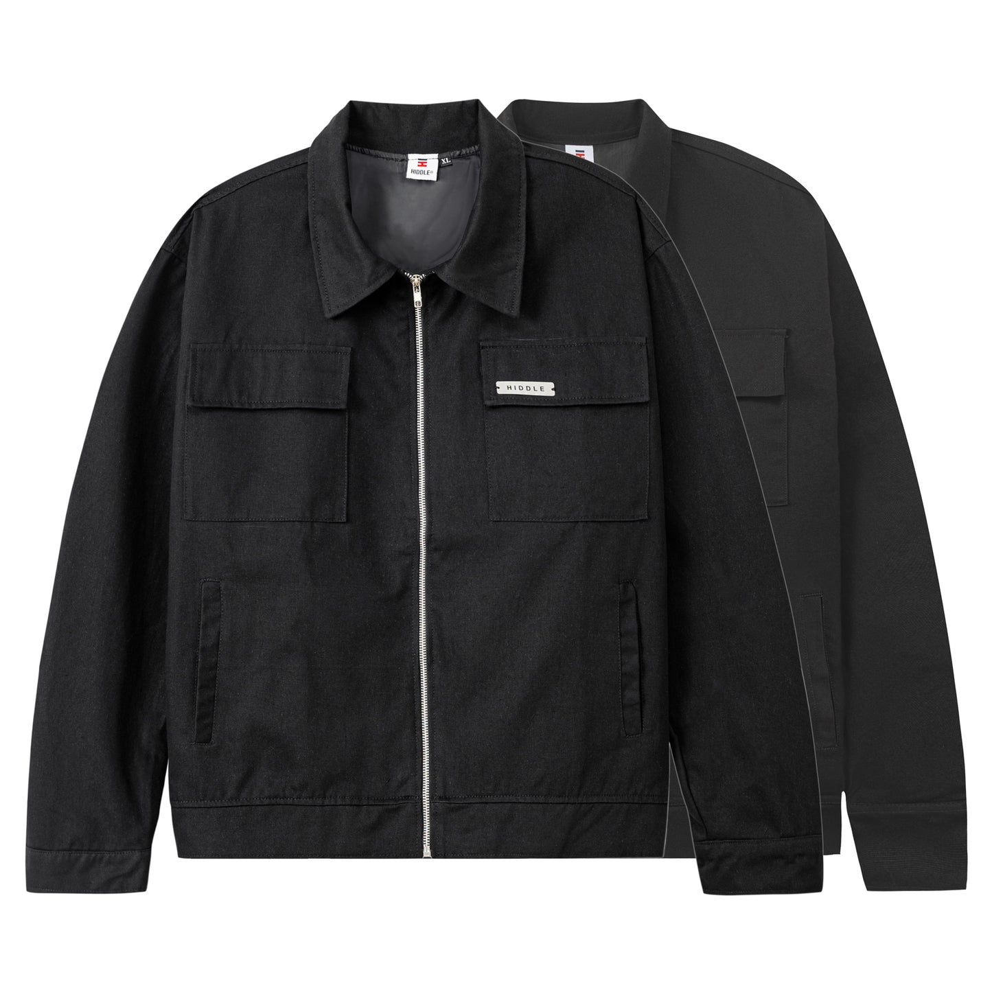 Black jacket with a brand logo on a white background