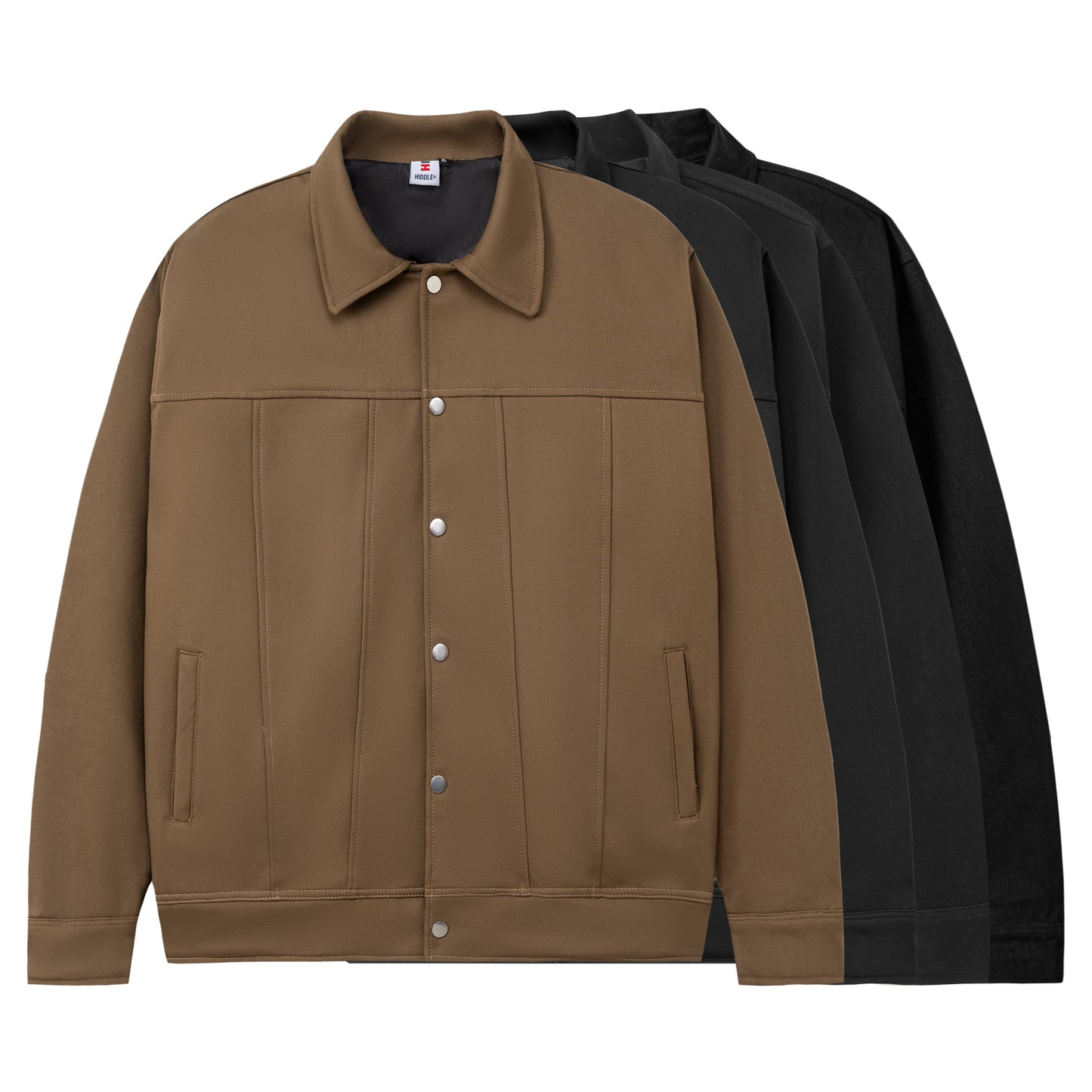 Brown and black jackets on a white background