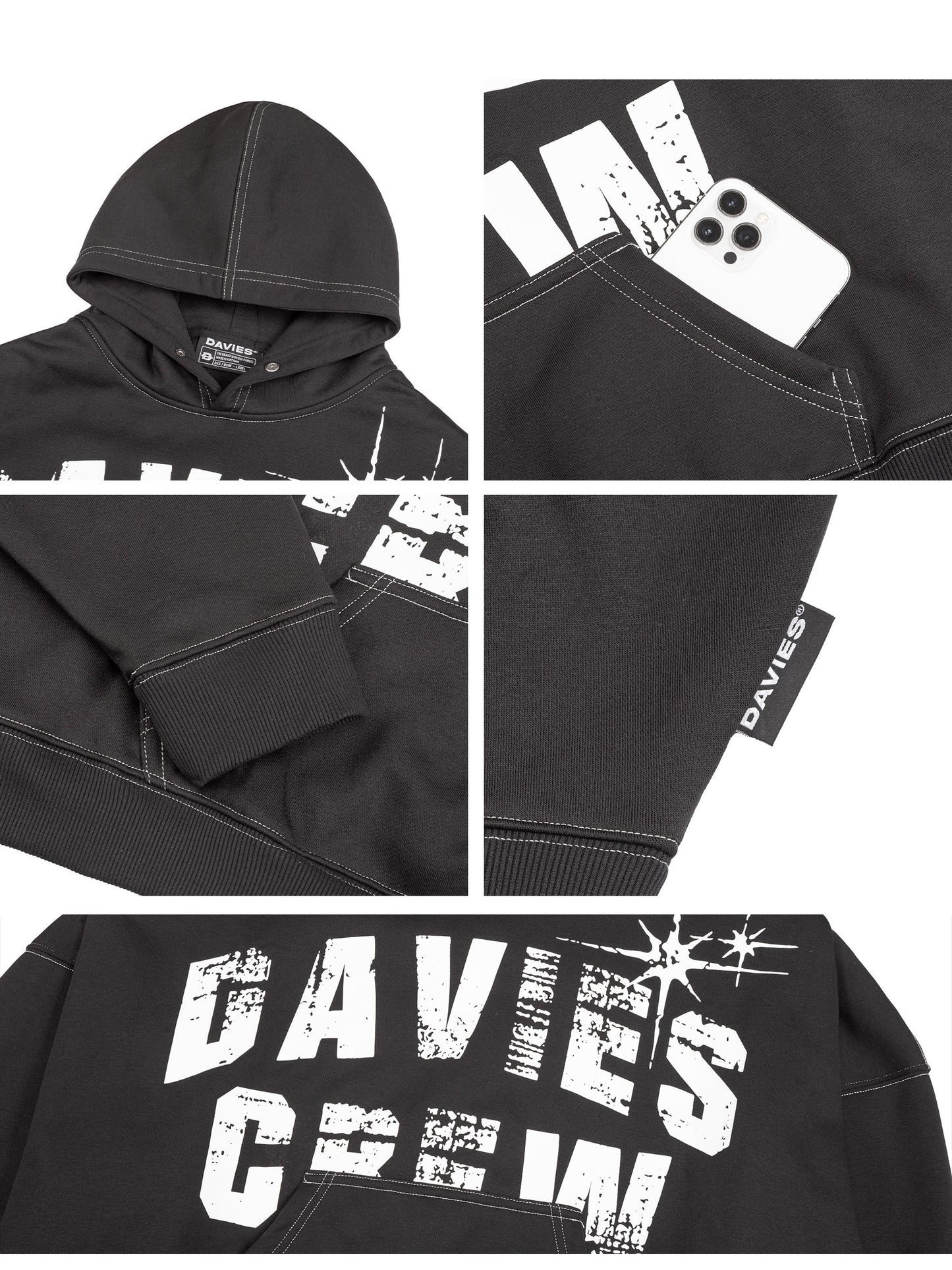 Black hoodie with white text and graphics on a white background