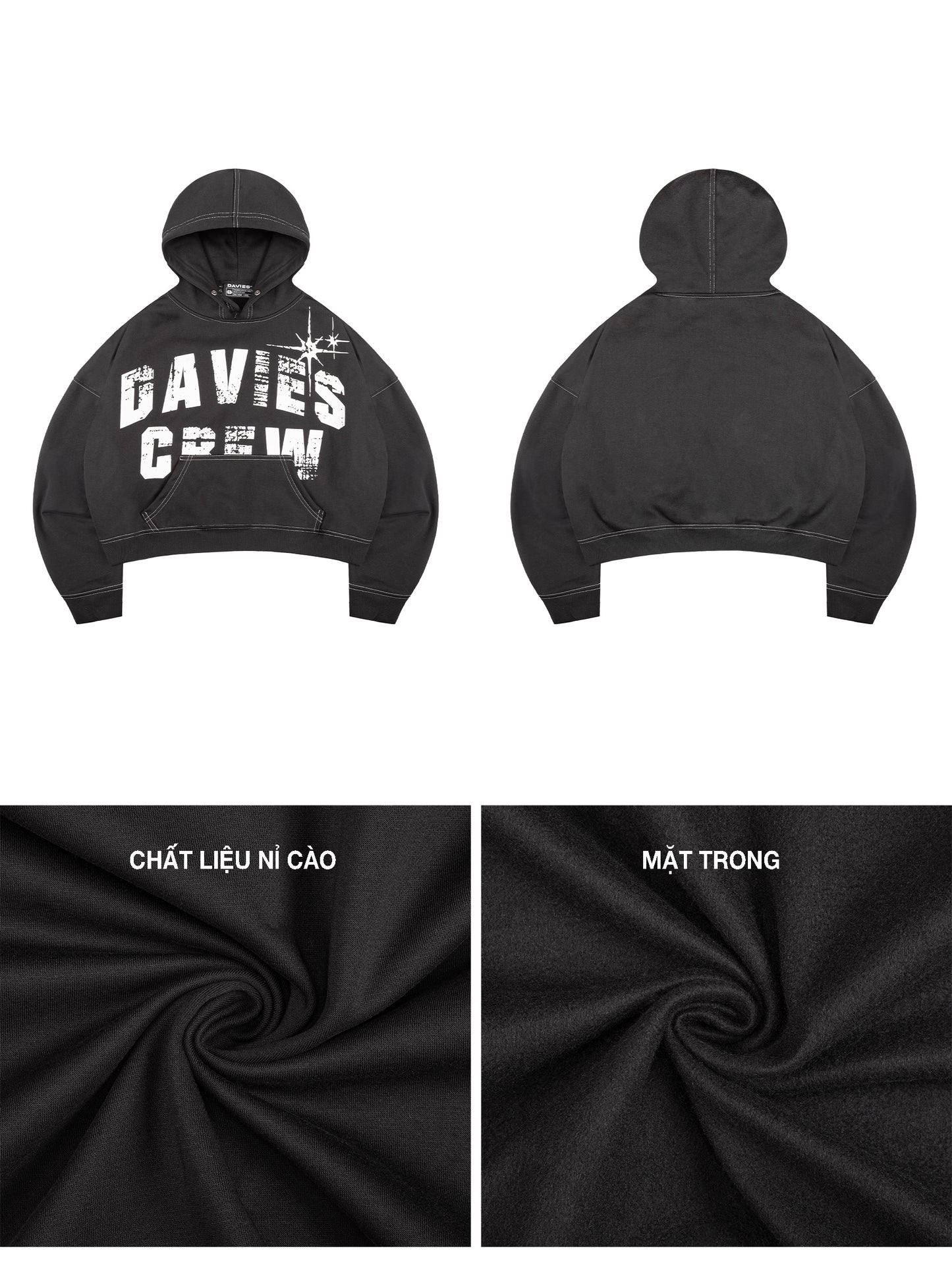 Black hoodie with text and fabric swatches on a white background