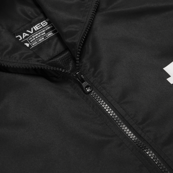 Close-up of a black jacket with a zipper and visible brand logo.