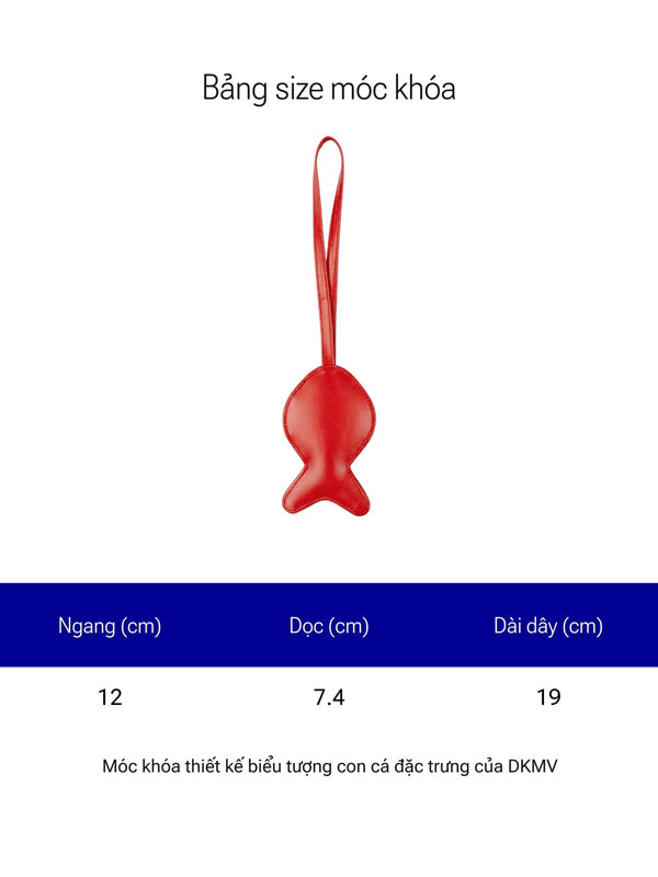 Red keychain with measurement details on a white background