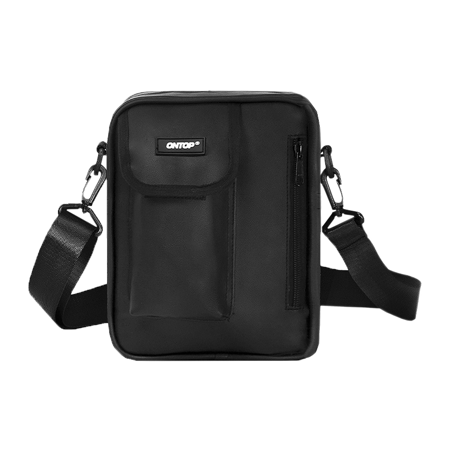 Black crossbody bag with a visible brand logo on a white background