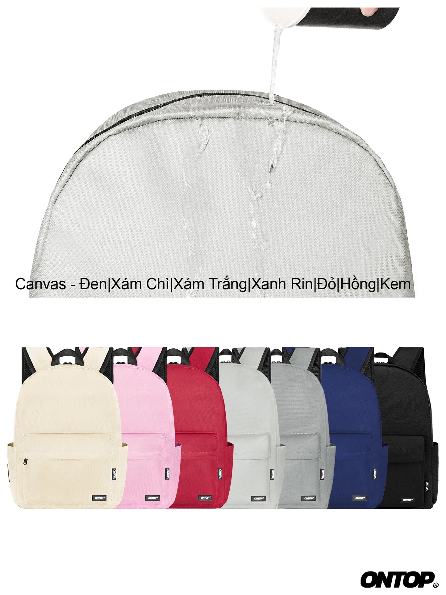 Clear dome-shaped cover over a backpack with color options displayed below on a white background.
