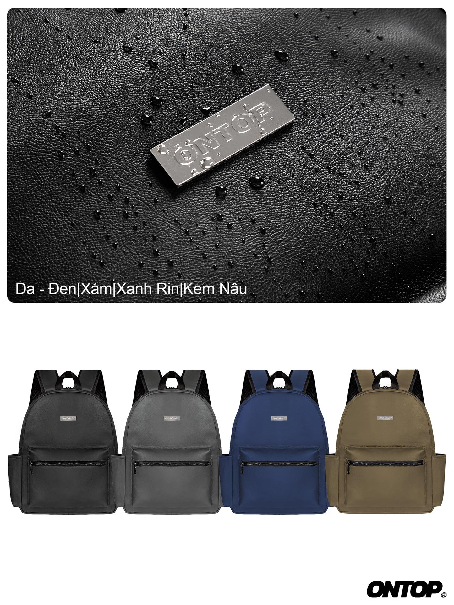 Black leather bag with 'ONTOP' brand name, followed by four backpacks in different colors.