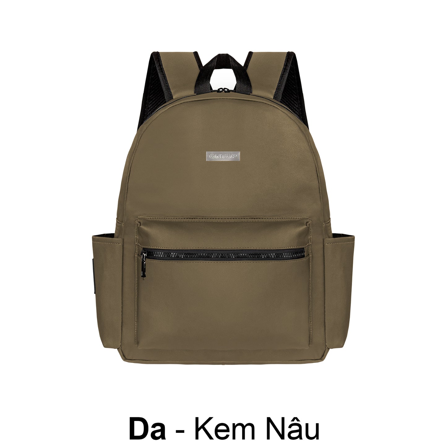 Brown backpack with a visible brand logo on a white background