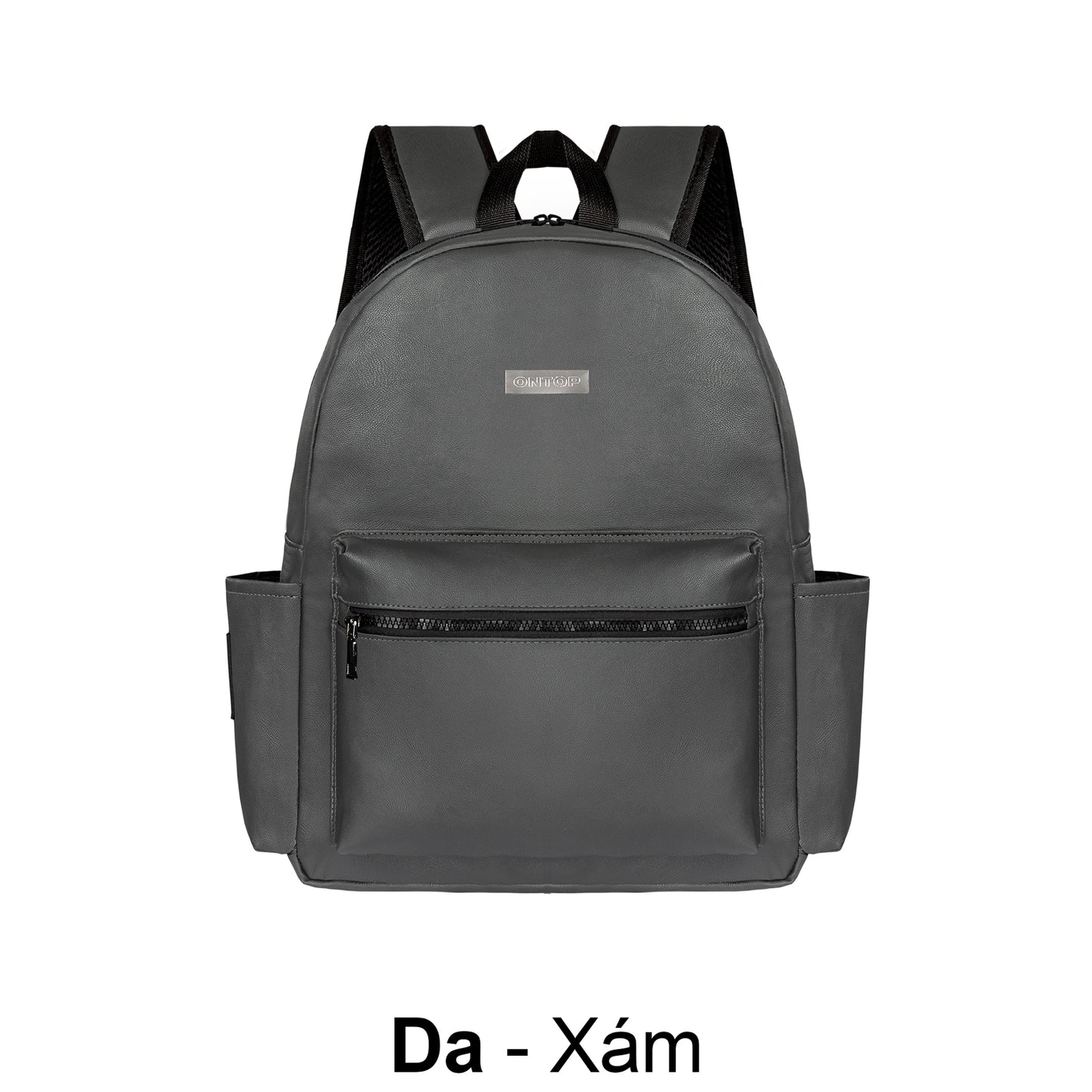 Gray backpack with a visible brand label on a white background
