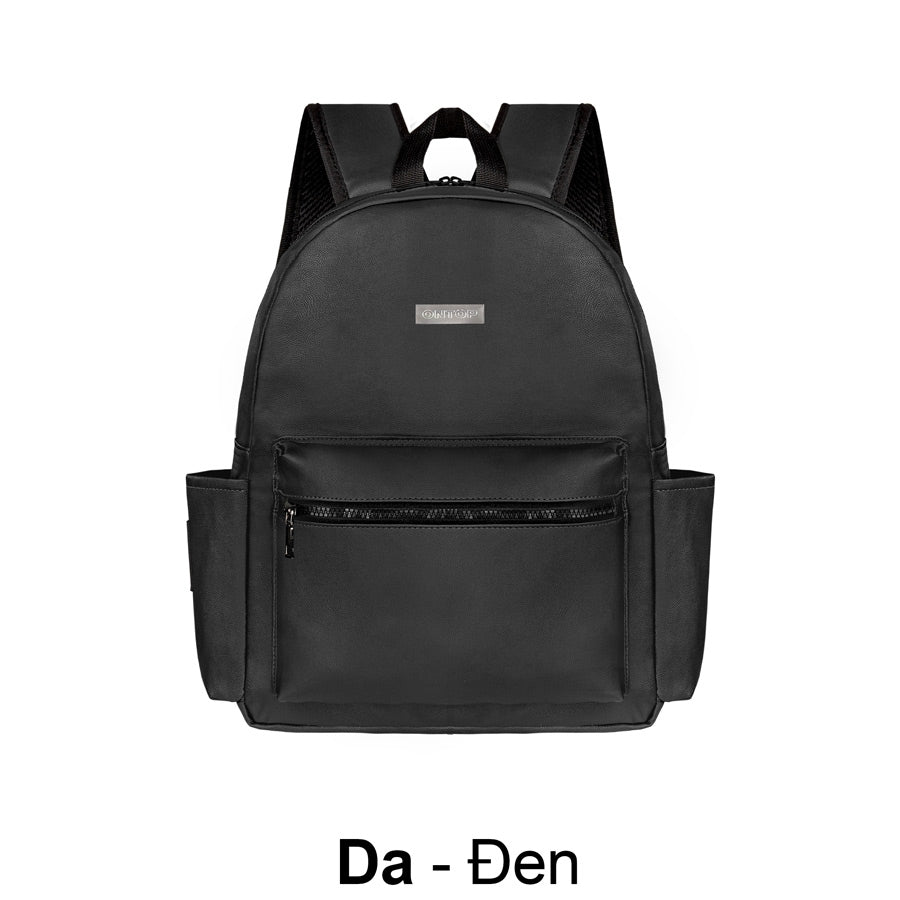 Black backpack with a visible brand label on a white background