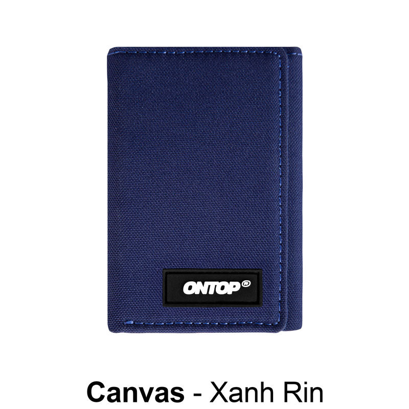 Navy blue canvas wallet with 'ONTOP' brand logo on a white background