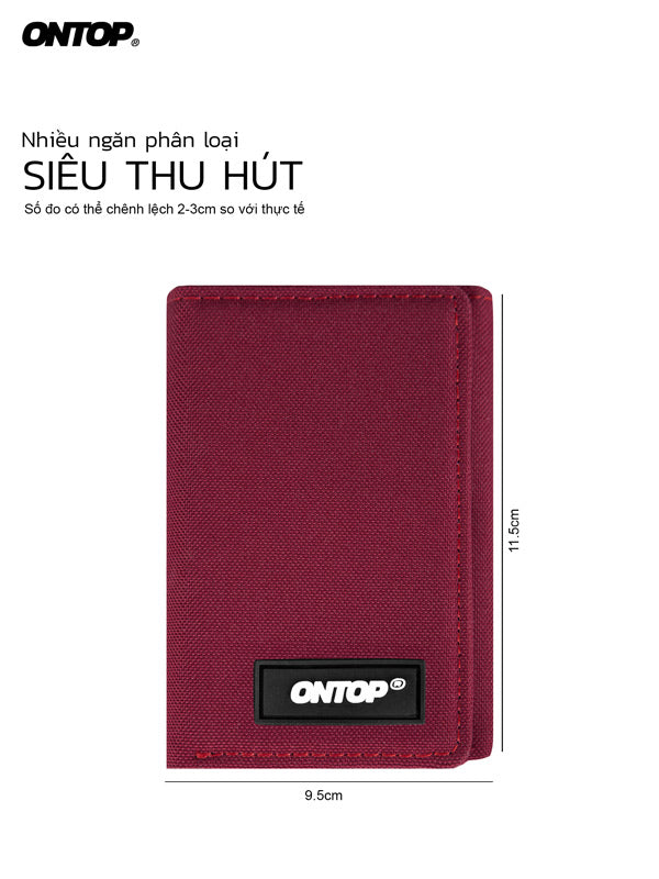 Red wallet with ONTOP branding and dimensions on a white background