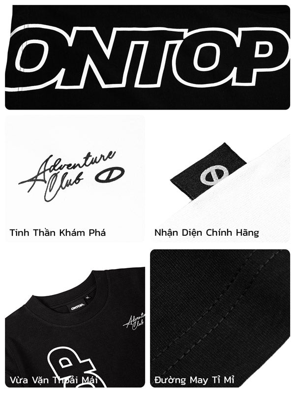 Collection of black and white branded items with 'ONTOP' and 'Adventure Club' logos.