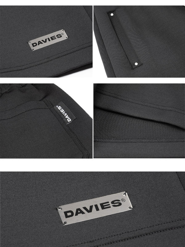 Collage of black clothing with Davies branding on various parts.
