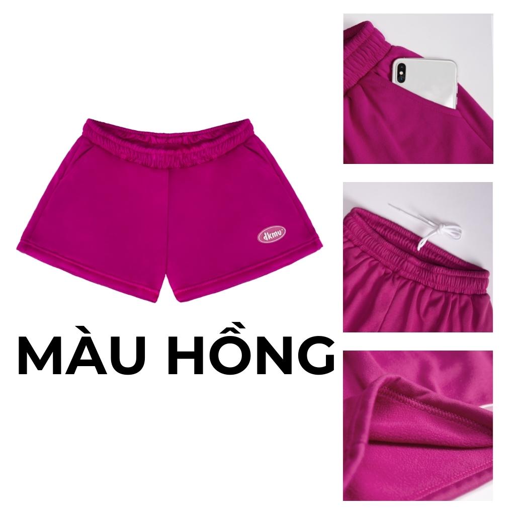 Collage of pink shorts with close-up details on a white background