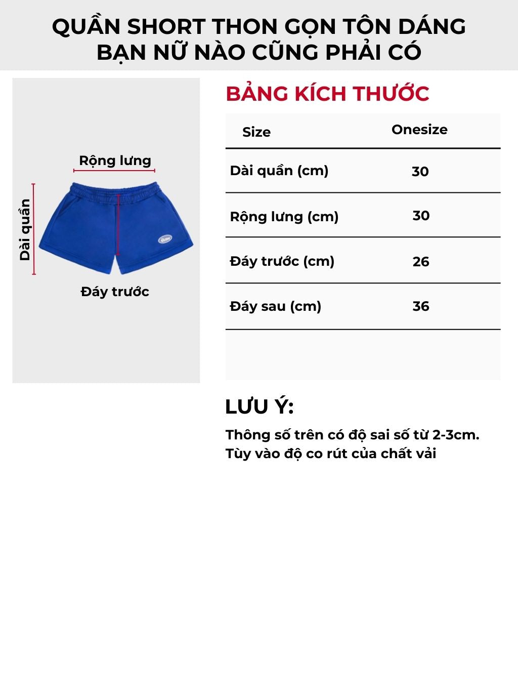 Blue shorts with measurement chart on a white background