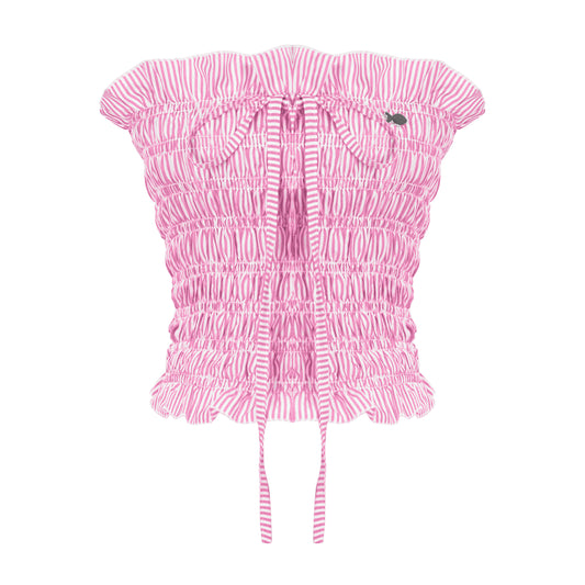 Pink and white patterned top on a white background