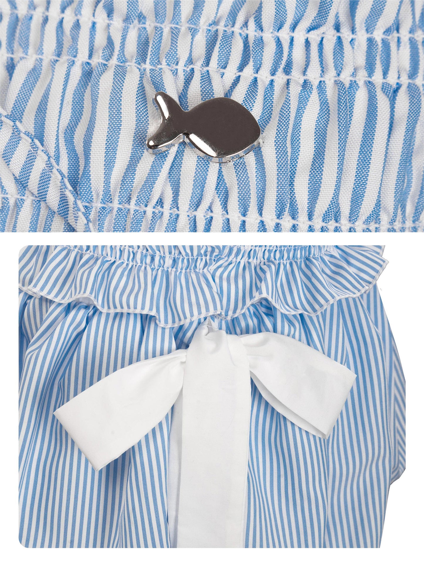 Blue and white striped outfit with a bow and fish brooch.