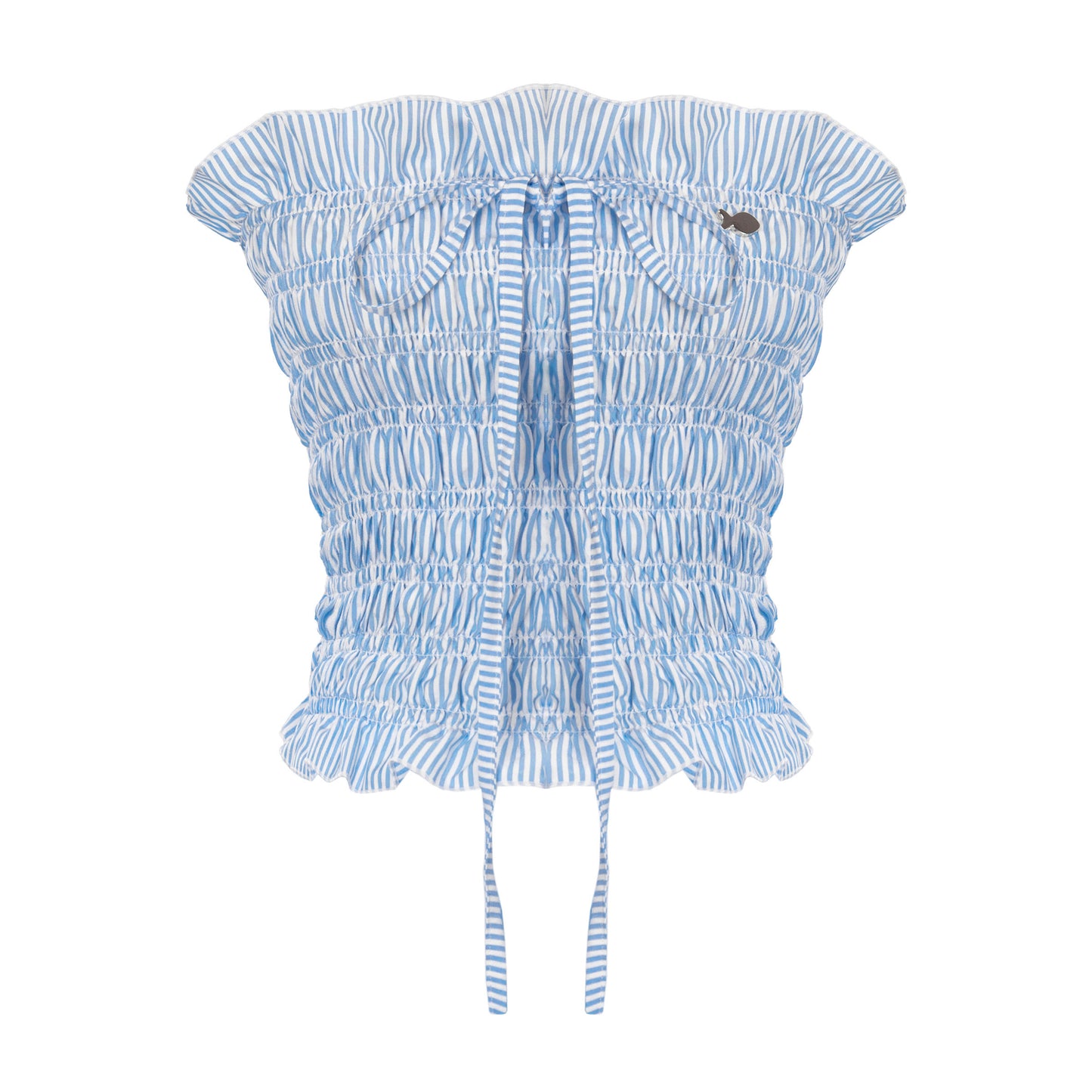 Blue and white striped off-shoulder top on a white background