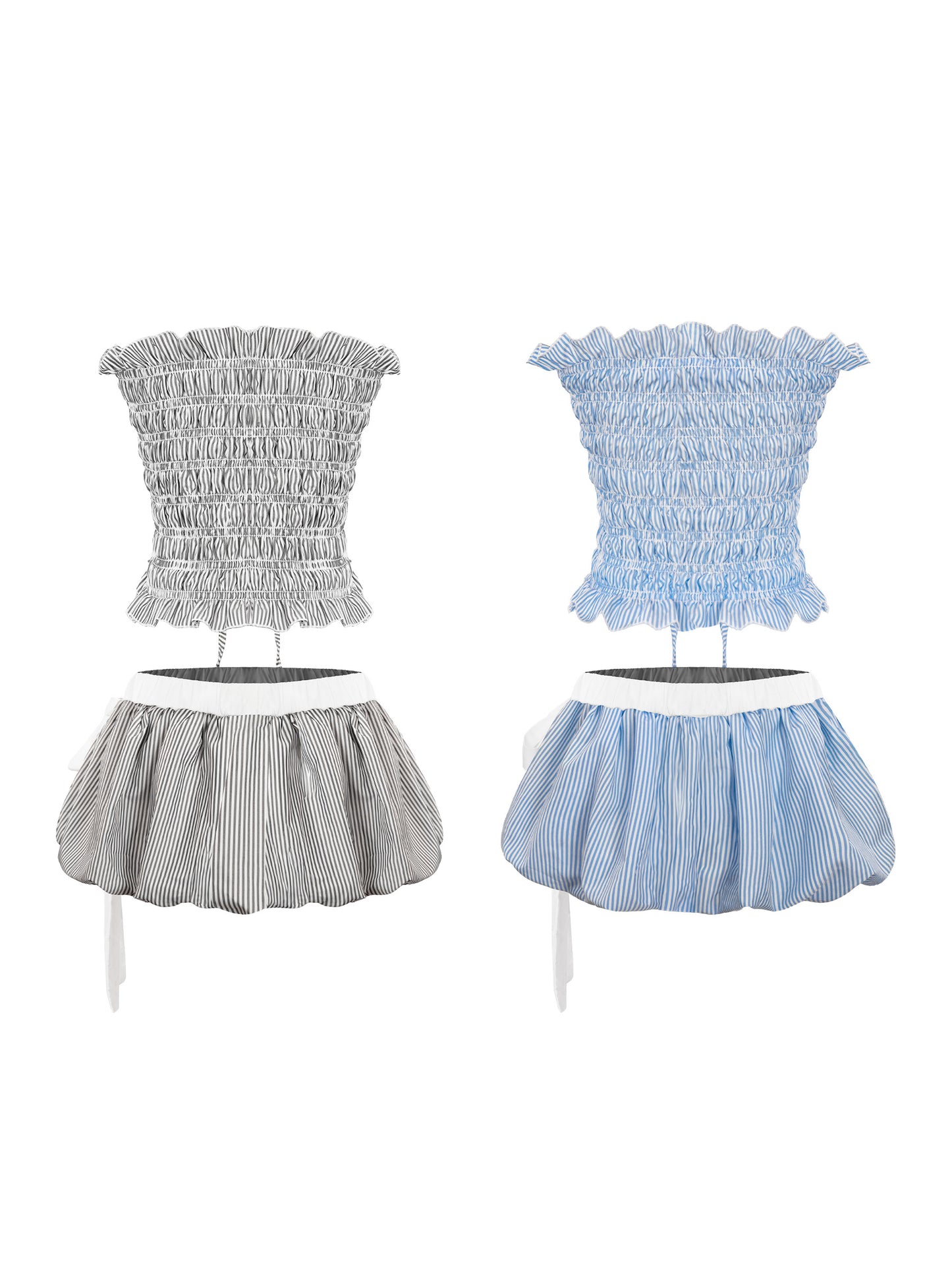 Two outfits with ruffled tops and striped skirts on a white background