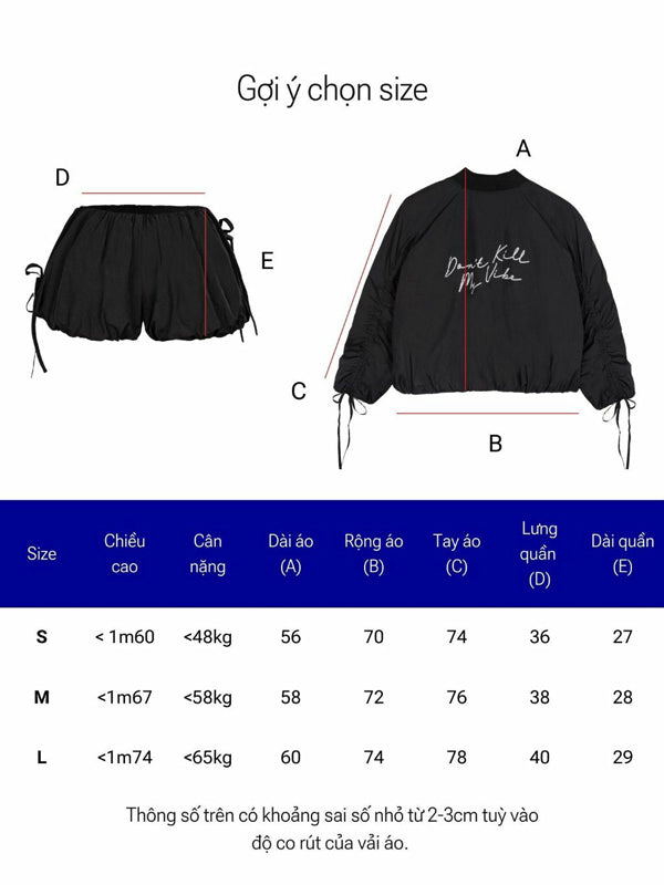 Black outfit with measurements and size chart on a white background