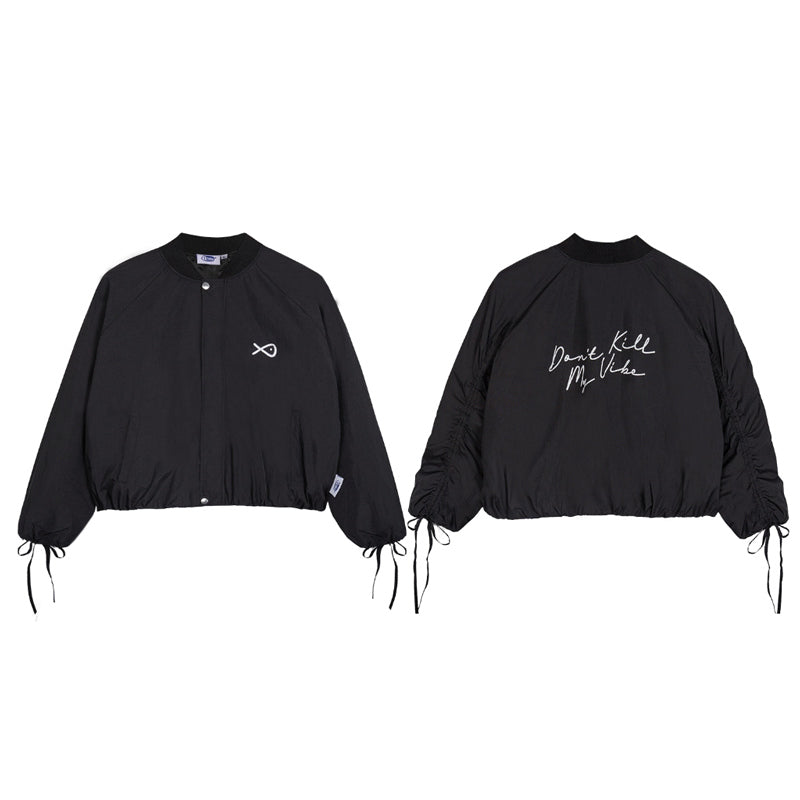Two black jackets with text and symbols on a white background
