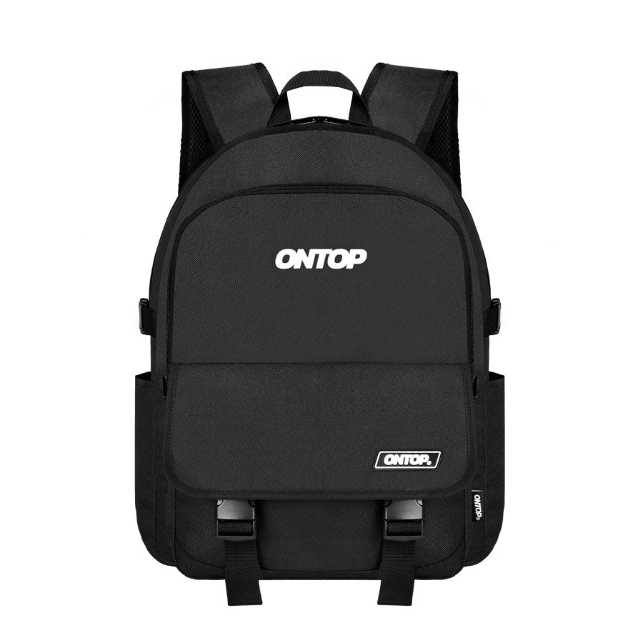Black backpack with 'ONTOP' branding on a white background