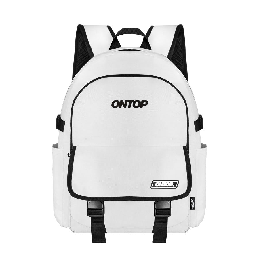 White backpack with black straps and 'ONTOP' branding on a white background