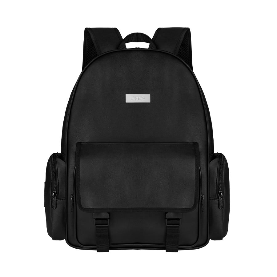 Black backpack with a visible brand label on a white background