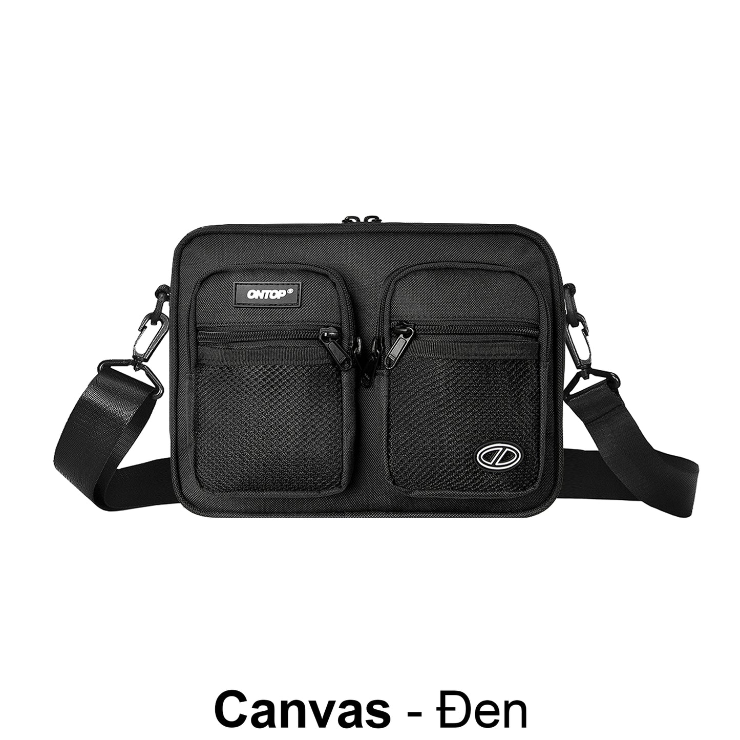 Black crossbody bag with visible brand logo on a white background