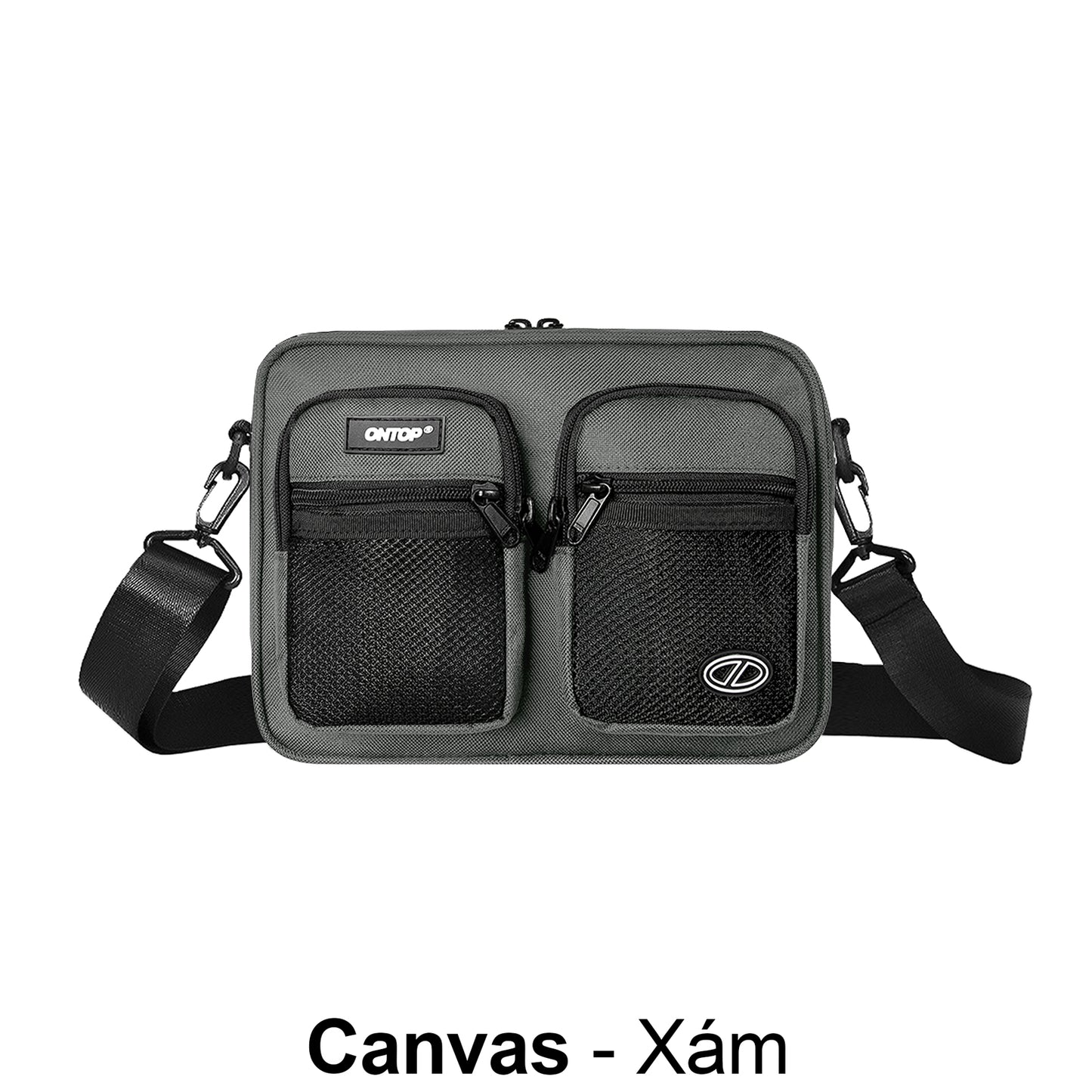 Gray crossbody bag with visible brand logo on a white background