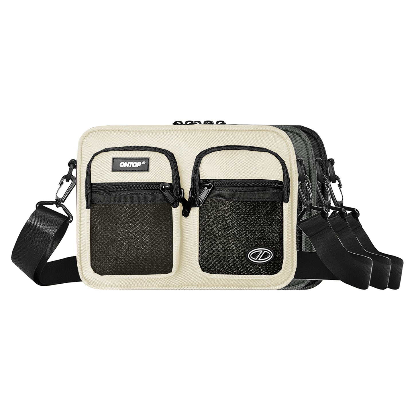Beige crossbody bag with black accents on a white background