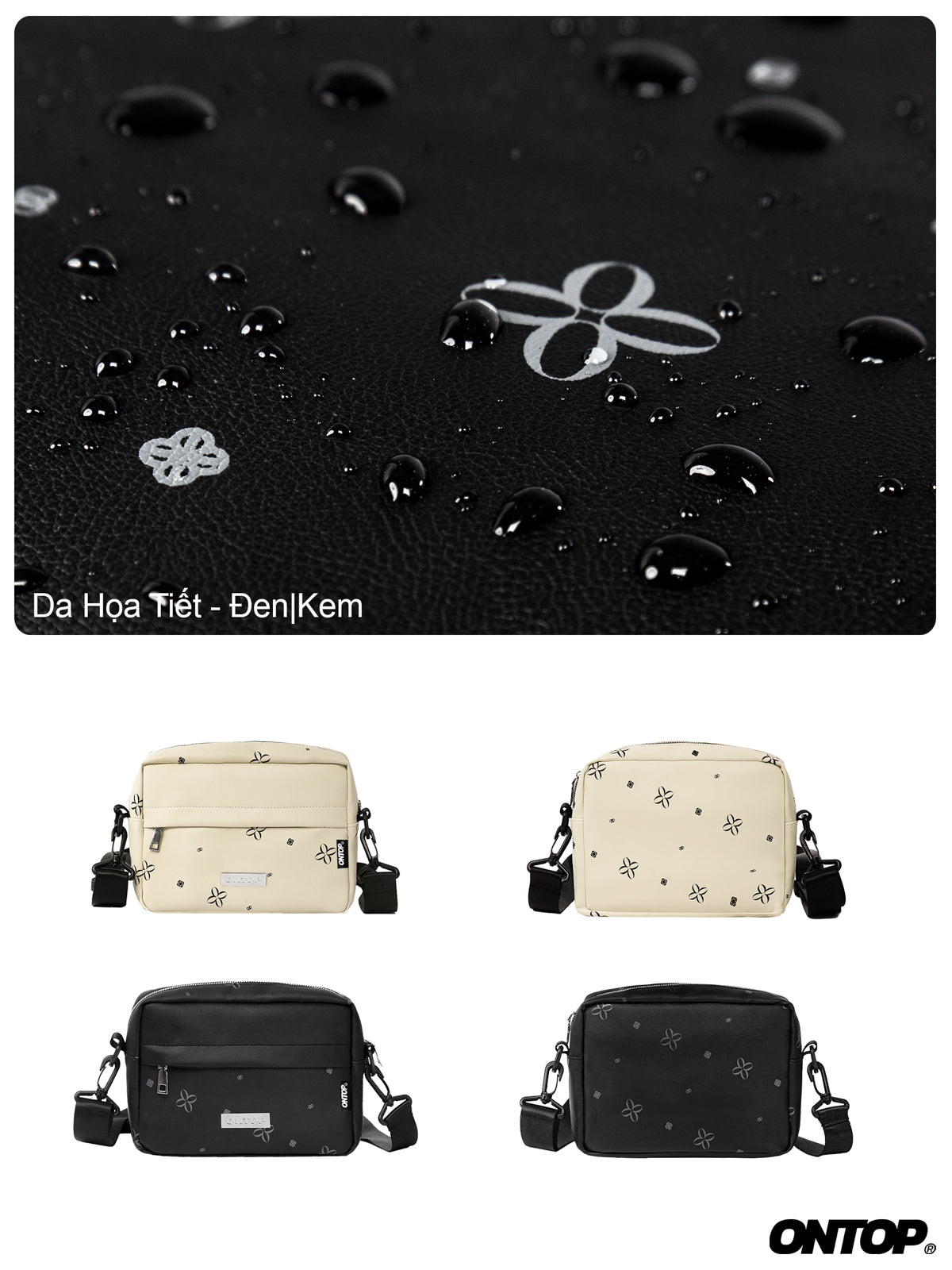 Black surface with water droplets and a brand logo, featuring two beige bags and two black bags below.