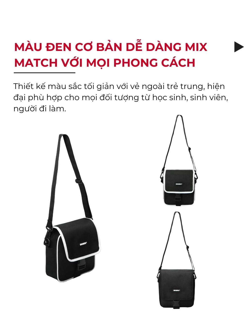 Black crossbody bag with text in Vietnamese on a white background