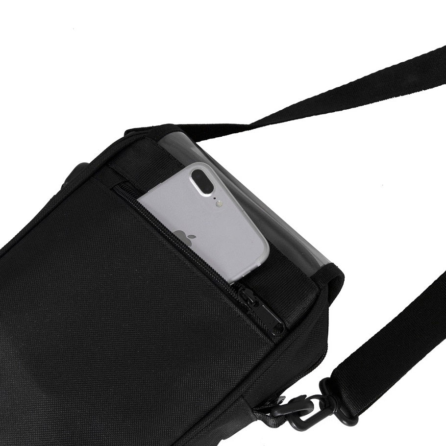 Black crossbody bag with a phone pocket on a white background
