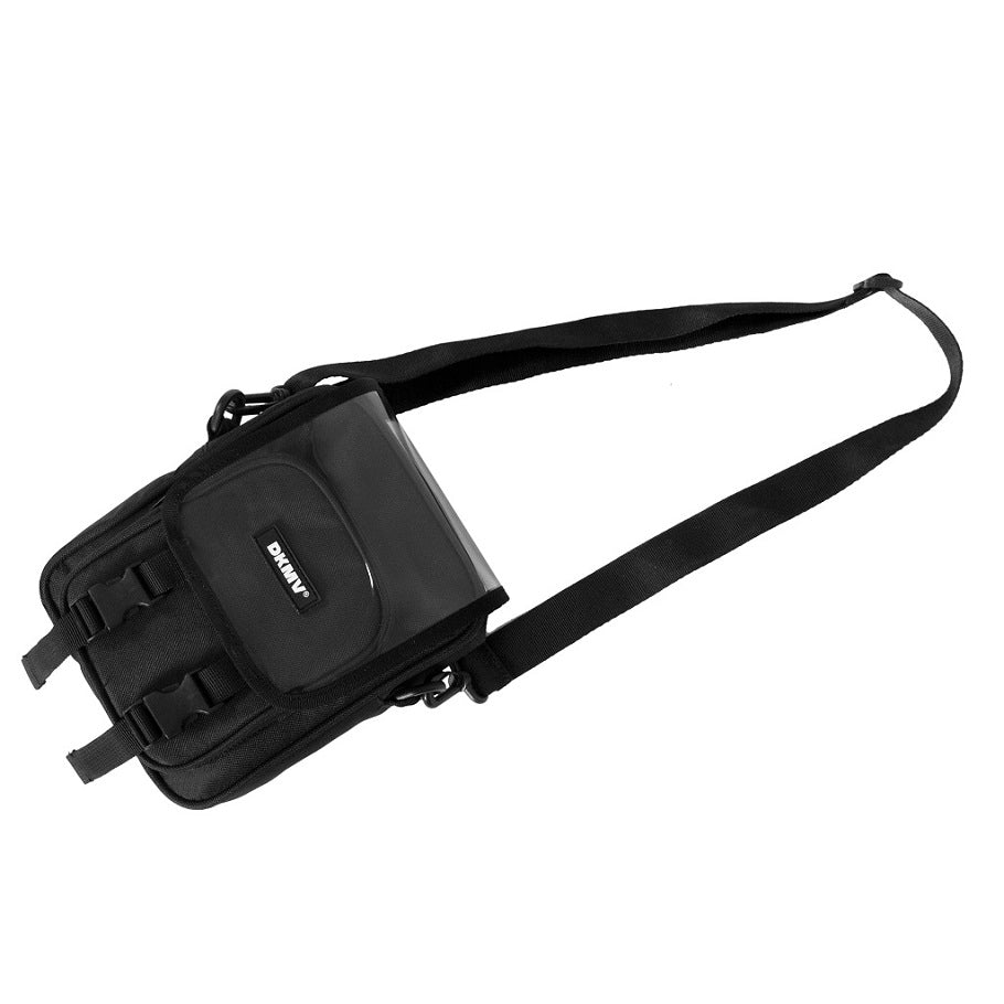 Black shoulder bag with a strap on a white background