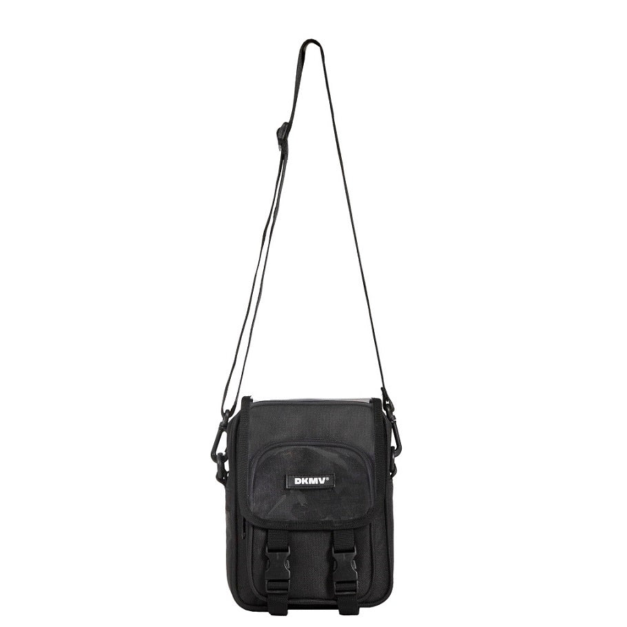 Black crossbody bag with a visible brand logo on a white background
