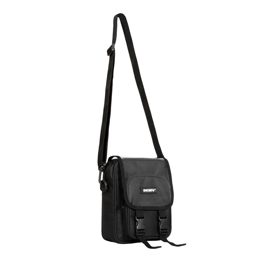 Black shoulder bag with a strap on a white background