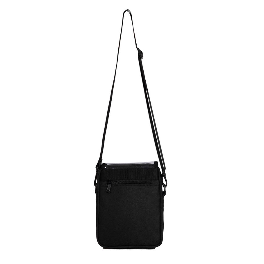 Black crossbody bag on a white background